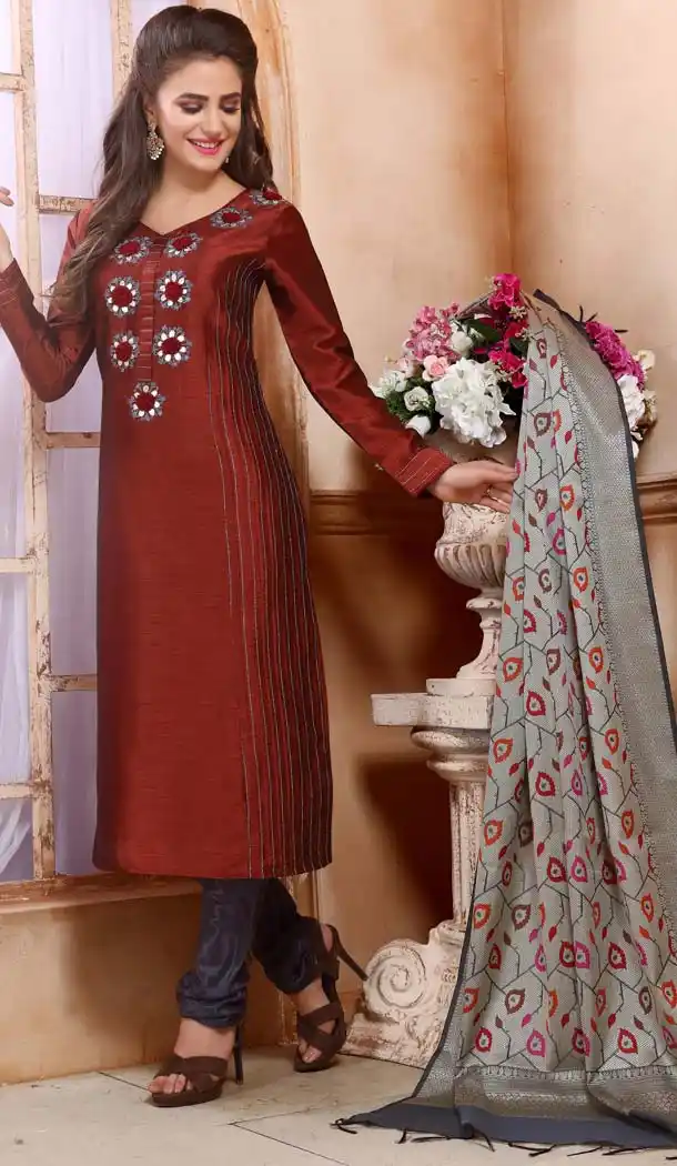 Alluring Maroon Color Chanderi Silk Designer Readymade Salwar Kameez -649281149