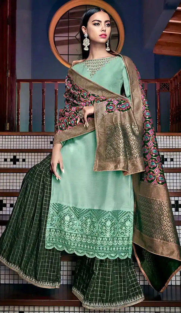 Adorable Sea Green Color Tussar Art Silk Party Sharara Suit -70089597