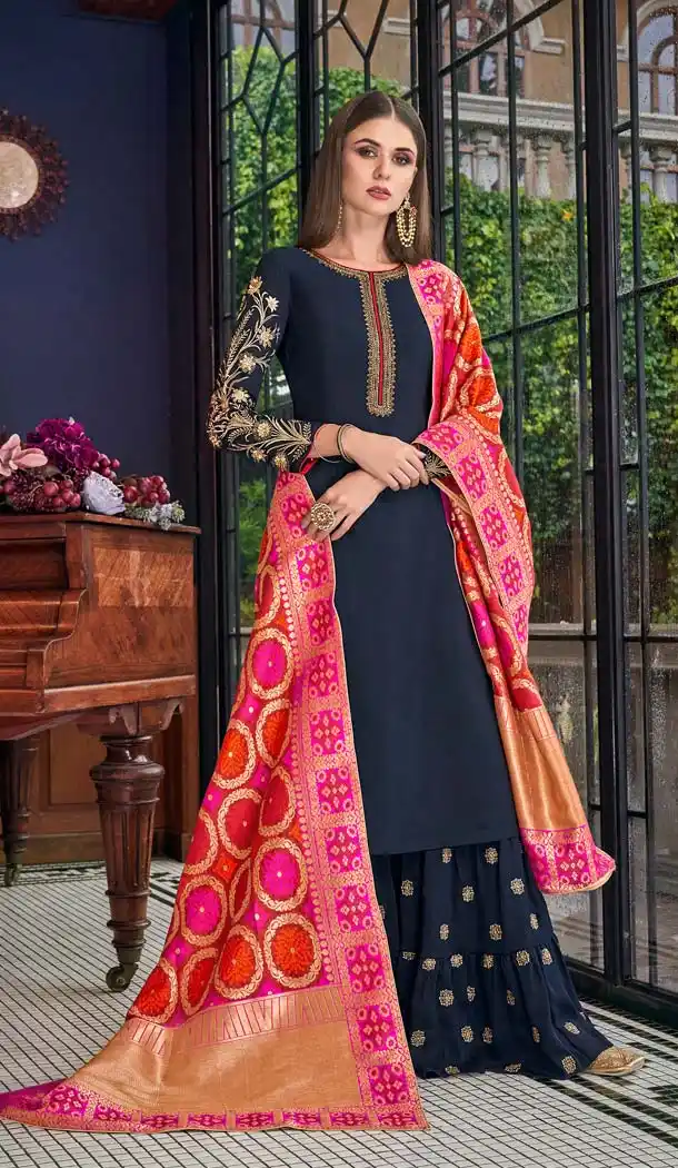 Captivating Navy Blue Color Soft Art Silk Party Sharara Suit -70089601