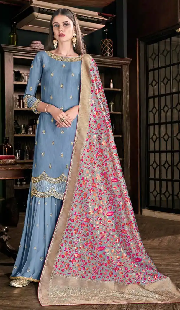 Elegant Steel Blue Color Soft Art Silk Party Sharara Suit -70089603