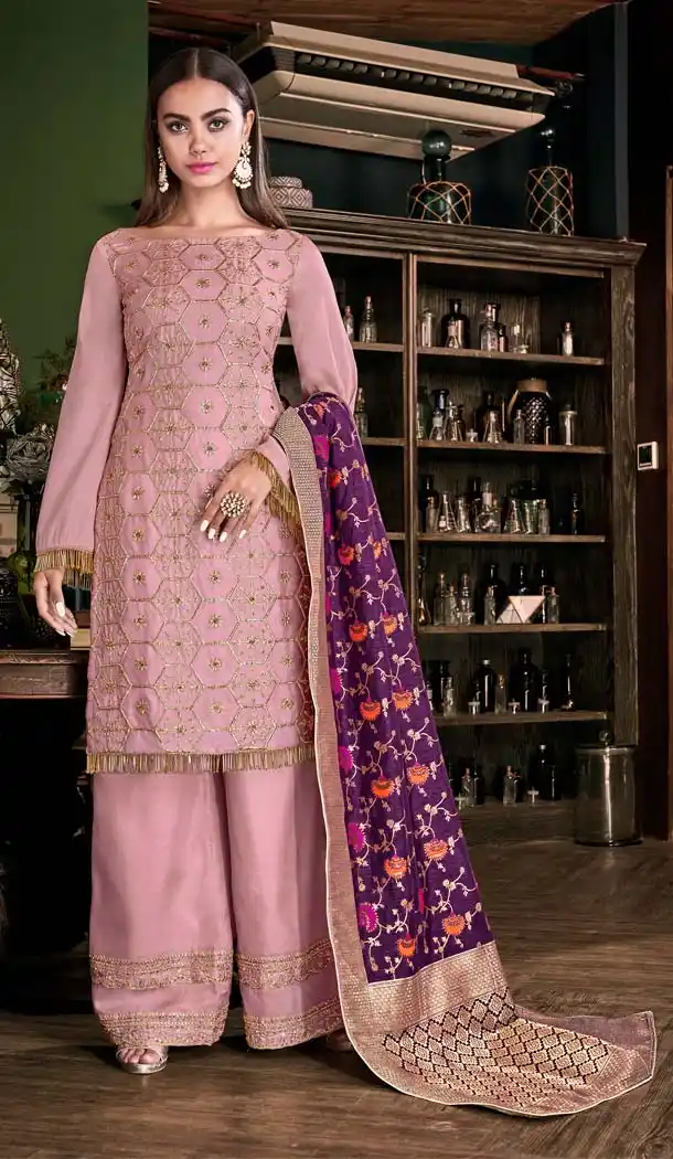 Fancy Baby Pink Color Satin Silk Party Sharara Suit -70089604
