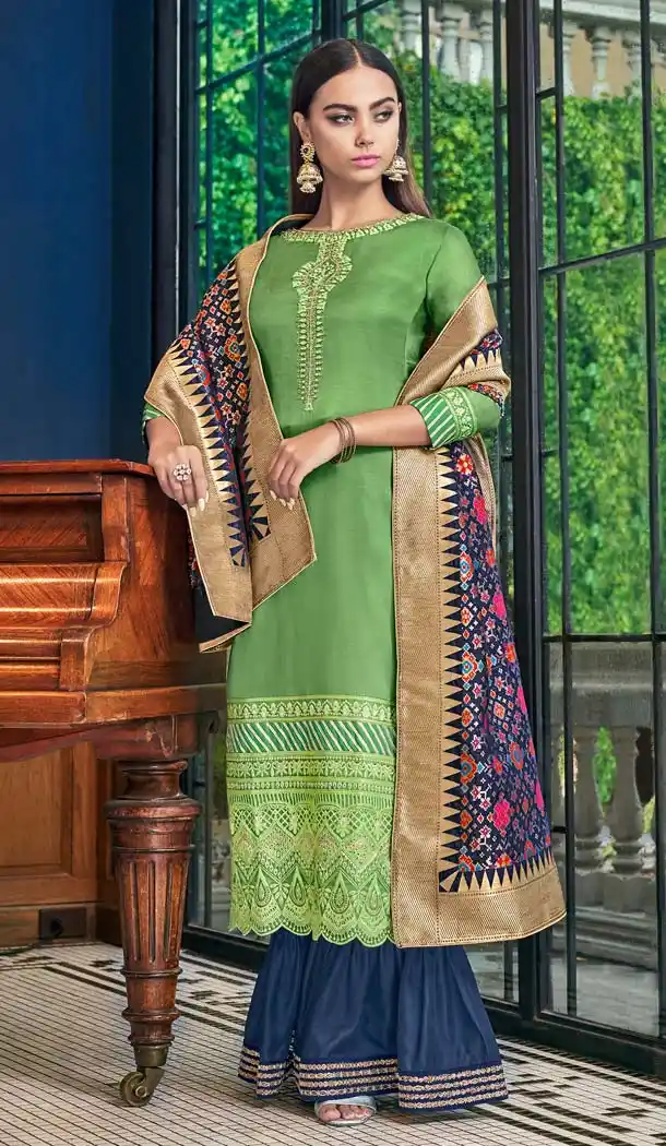 Magnificient Green Color Satin Silk Party Sharara Suit -70089607
