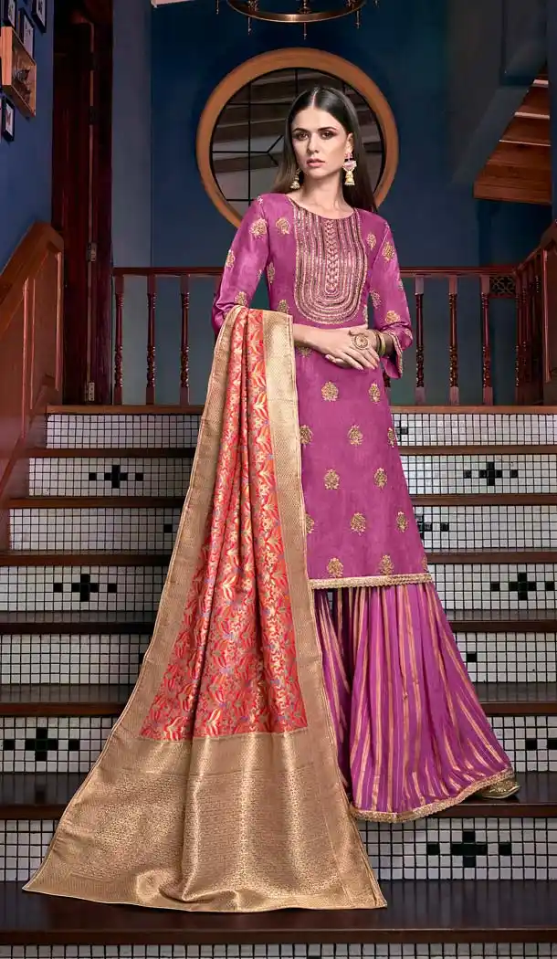 Sparkling Magenta Pink Color Satin Silk Party Sharara Suit -70089608