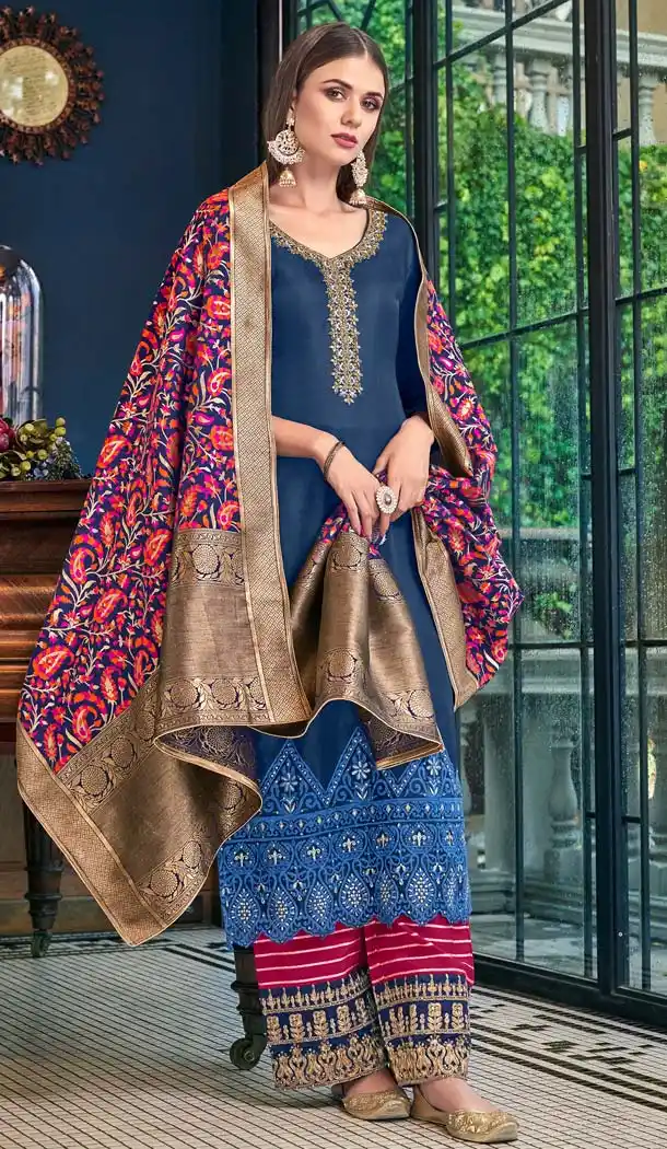 Luscious Dark Blue Color Satin Silk Party Sharara Suit -70089609
