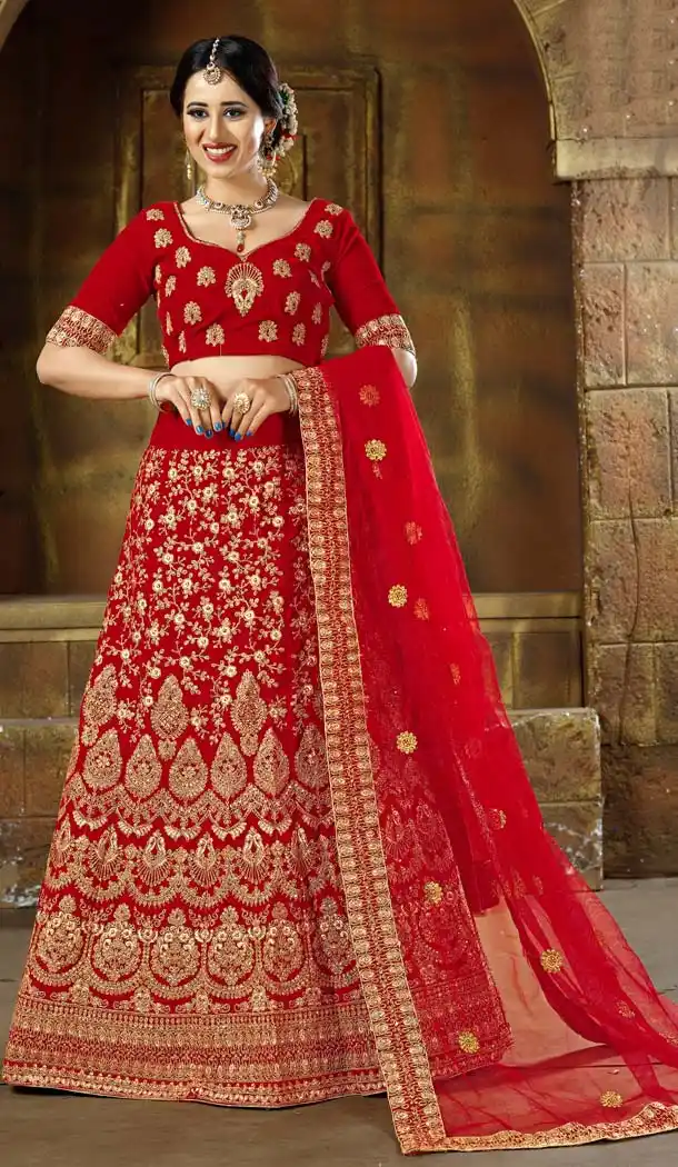Aesthetic Red Color Velvet Designer Bridal Lehenga Choli -5284496