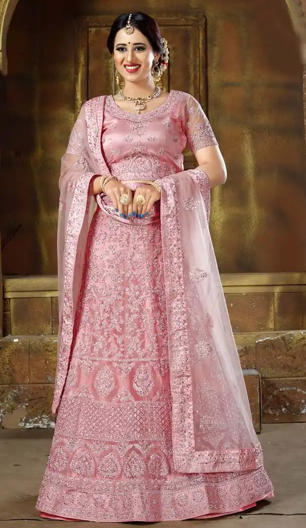 Fascinating Light Pink Color Net Designer Bridal Lehenga Choli -5284497