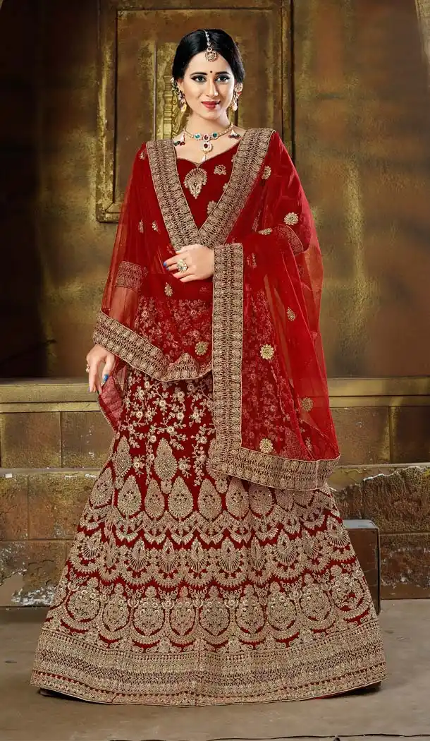 Attractive Maroon Color Velvet Designer Bridal Lehenga Choli -5284501