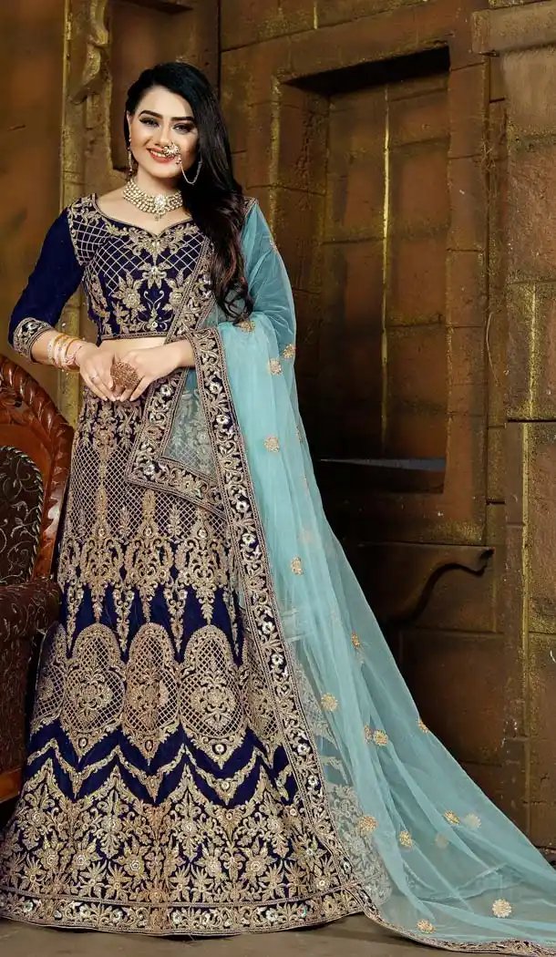Enigmatic Navy Blue Color Velvet Designer Bridal Lehenga Choli -5284502
