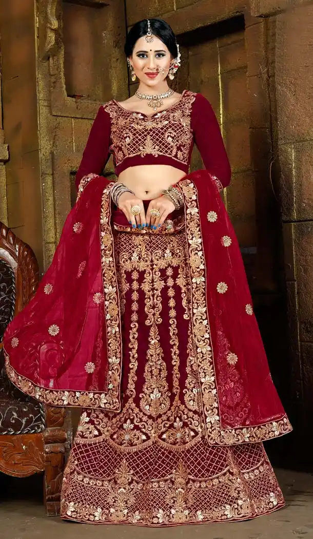 Chic Maroon Color Velvet Designer Bridal Lehenga Choli -5284505