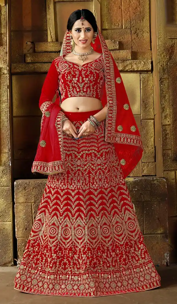 Red Color Velvet Designer Bridal Lehenga Choli -5284509