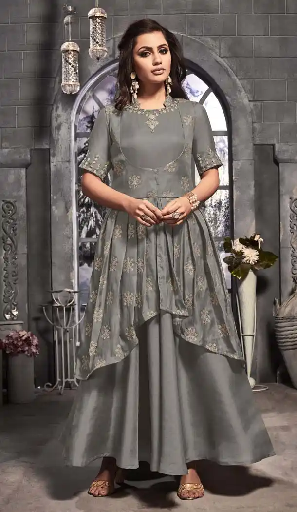 Grey Color Tushar Satin Readymade Party Wear Gown Suit -652481579