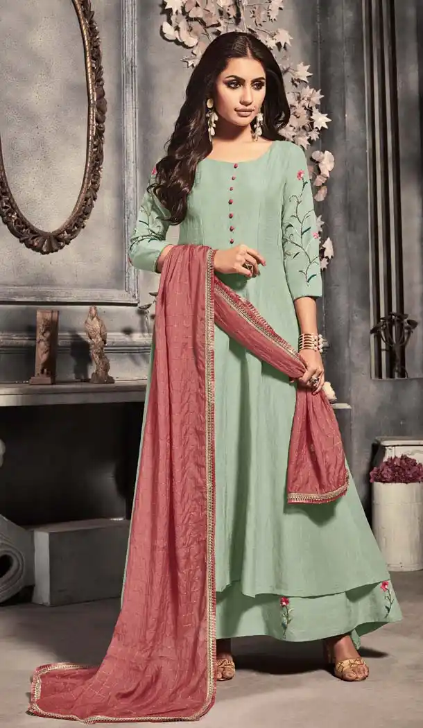 Pista Color Tushar Satin Readymade Party Wear Gown Suit -652481580
