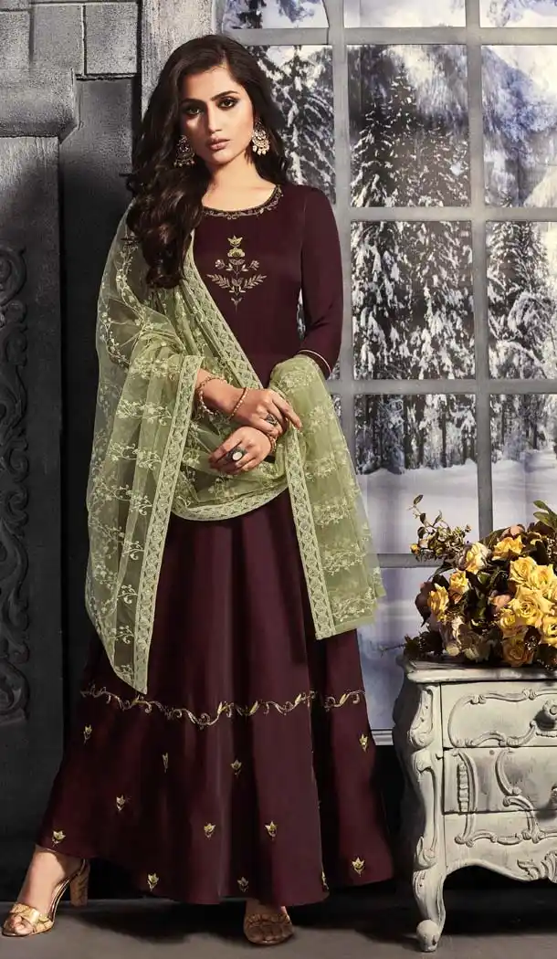 Wine Color Satin Foil Readymade Party Wear Gown Suit -652481583