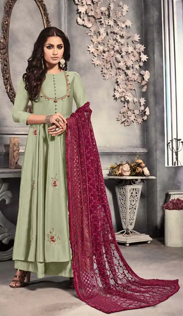 Elegant Pista Color Satin Foil Readymade Party Wear Gown Suit -652481584