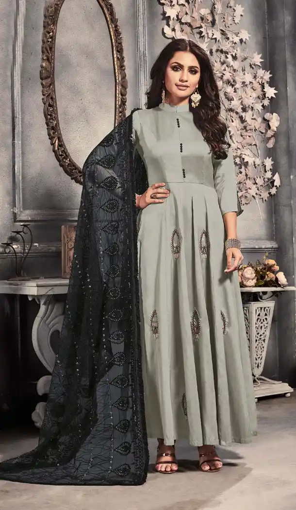 Grey Color Satin Foil Readymade Party Wear Gown Suit -652481585
