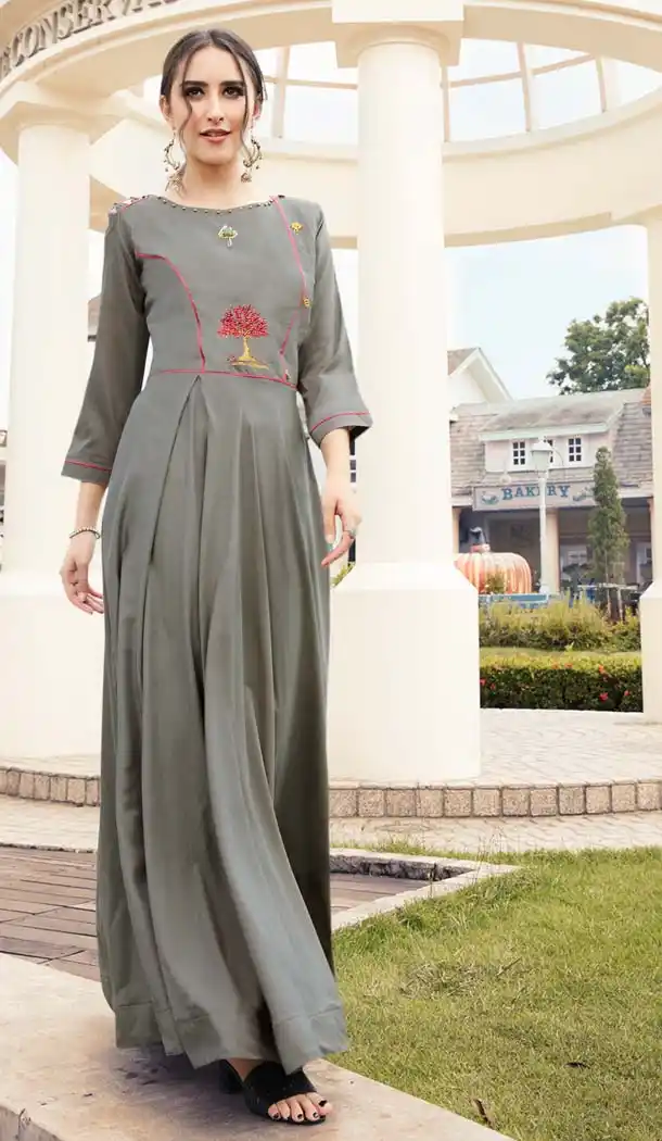 Luscious Grey Color Heavy Viscose Mualin Readymade Long Kurti -652981624