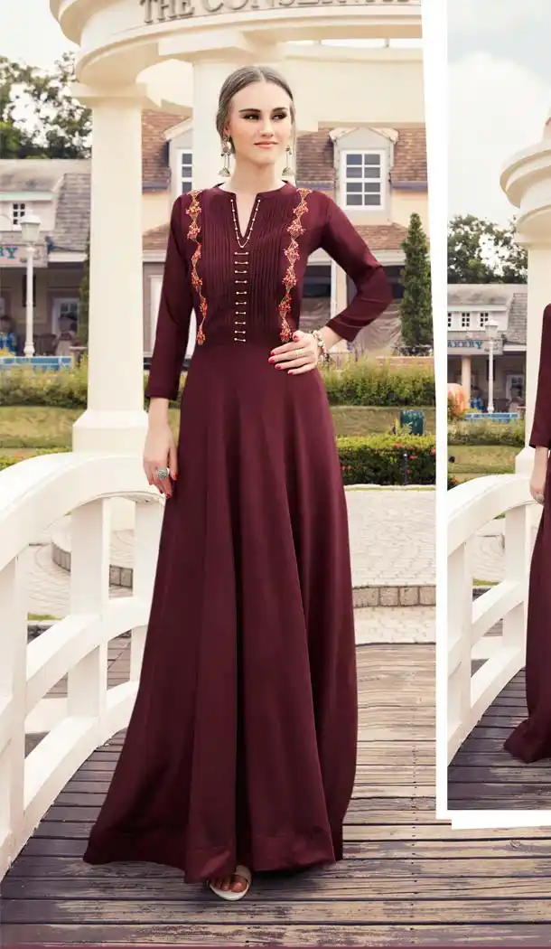 Majestic Maroon Color Heavy Viscose Mualin Readymade Long Kurti -652981625