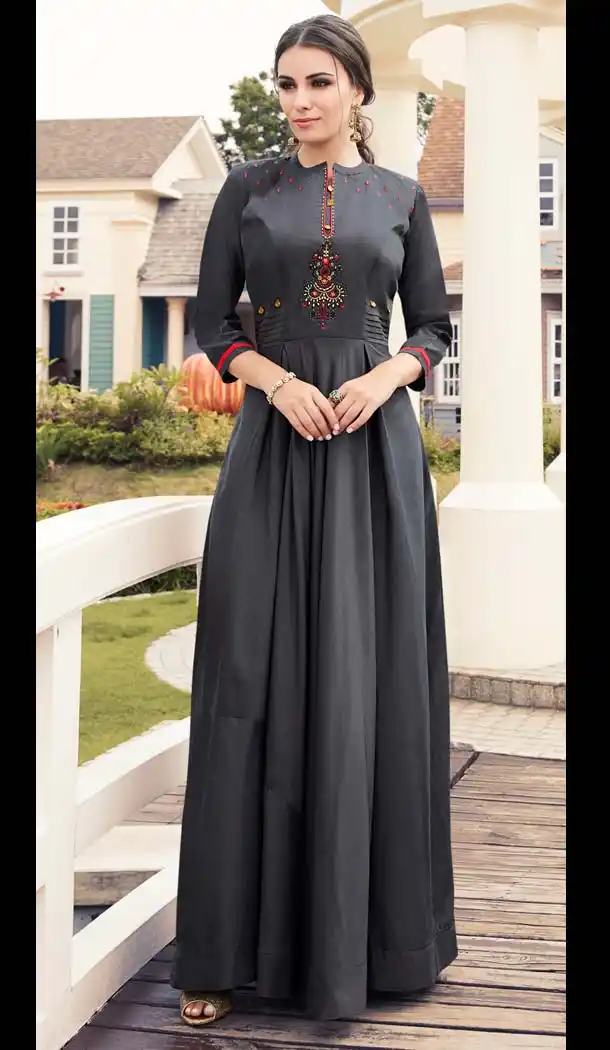 Dark Grey Color Heavy Viscose Mualin Readymade Long Kurti -652981629