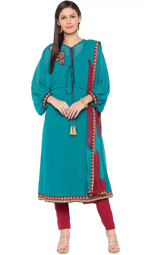 Turquoise Blue Color Georgette Plus SIze Readymade Salwar Kameez -653281648