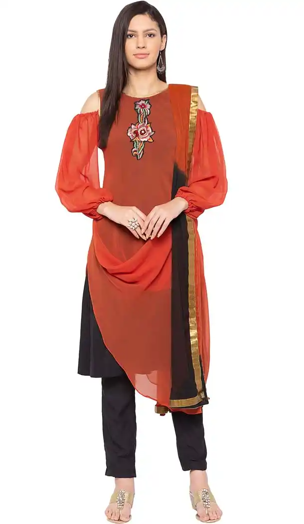 Elegant Rust Color Cotton Plus SIze Readymade Salwar Kameez -653281657