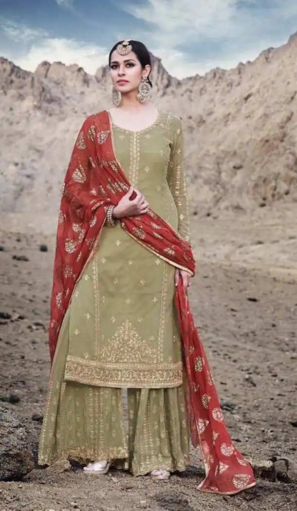 Light Mehandi Green Georgette Pakistani Sharara Suit -466765676