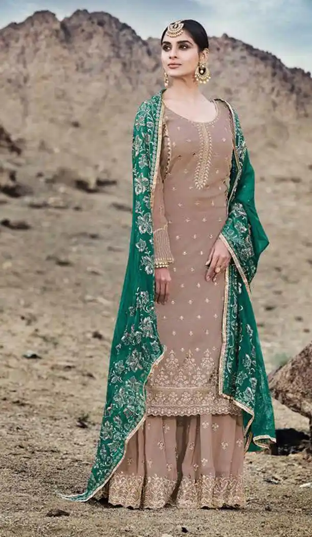 Classy Beige Color Georgette Pakistani Sharara Salwar Suit -466765681