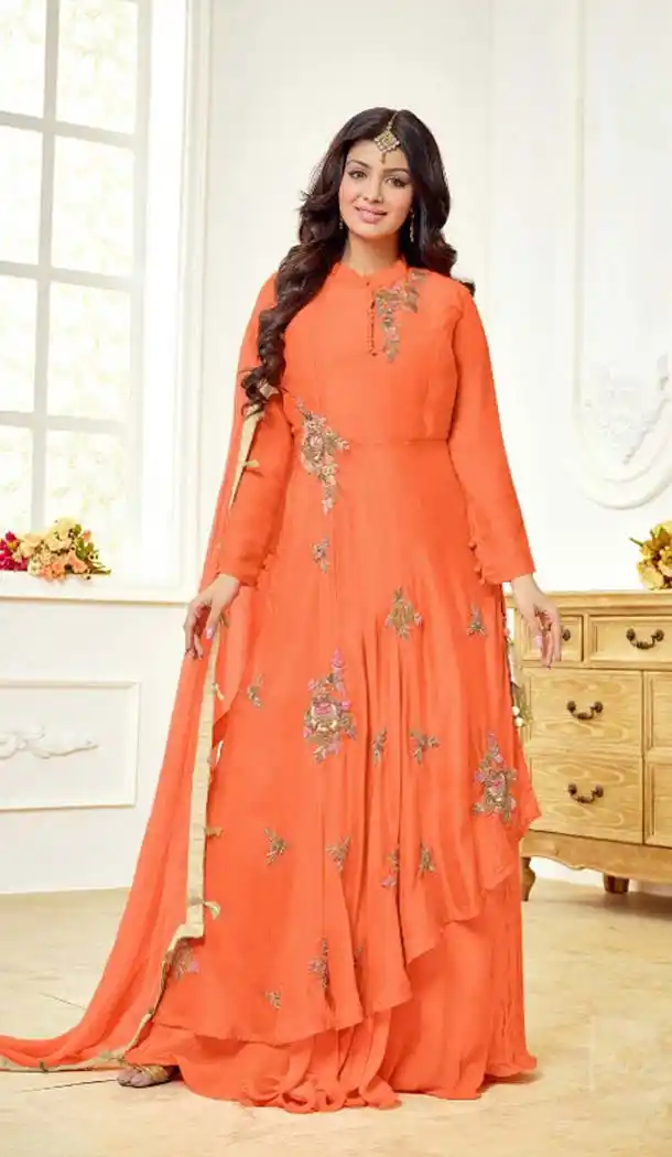 Captivating Orange Color Cotton Satin Celebrity Aysha Takia Salwar Kameez -467665735