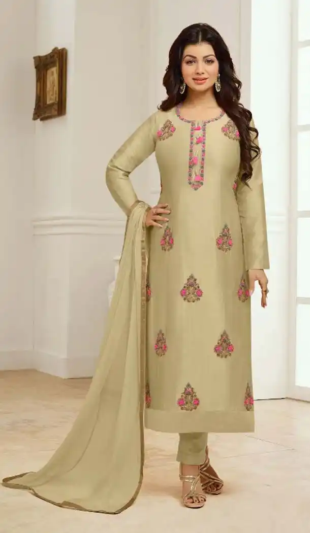 Splendorous Beige Color Cotton Satin Celebrity Aysha Takia Salwar Kameez -467665736