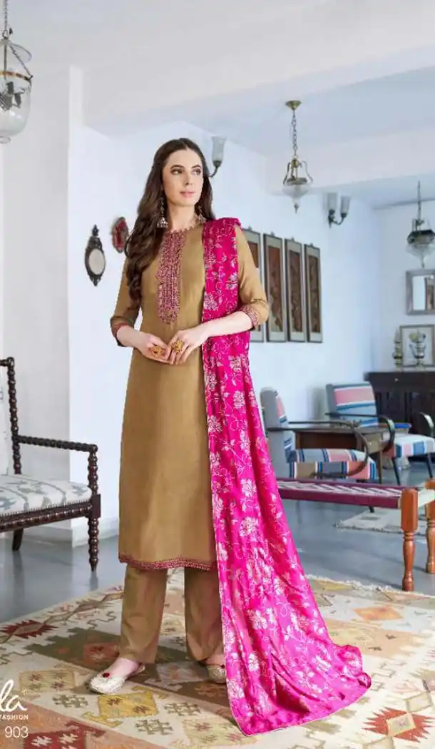 Glamorous Brown Color Cotton Silk Party Wear Salwar Kameez -468665783