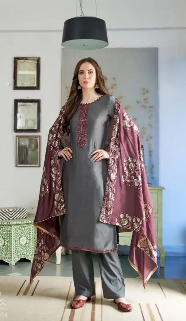 Captivating Grey Color Cotton Silk Party Wear Salwar Kameez -468665784