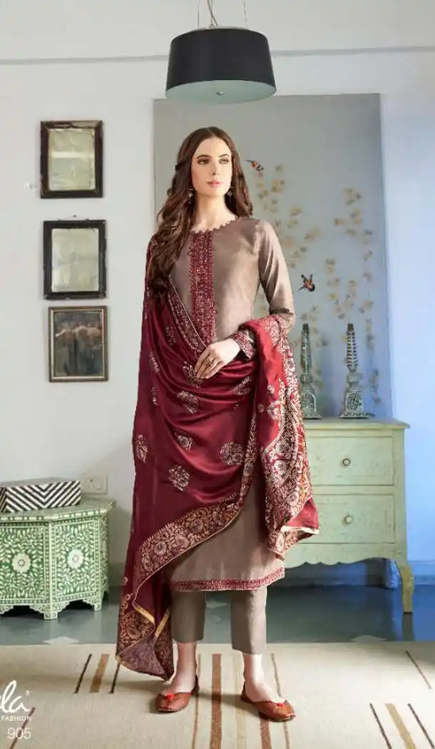 Captivating Brown Color Cotton Silk Party Wear Salwar Kameez -468665785
