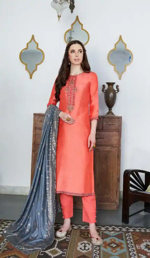 Majesty Peach Color Cotton Silk Party Wear Salwar Kameez -468665787