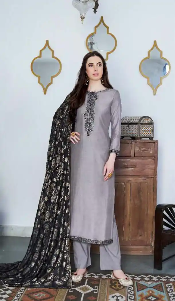Grey Color Cotton Silk Party Wear Salwar Kameez -468665788