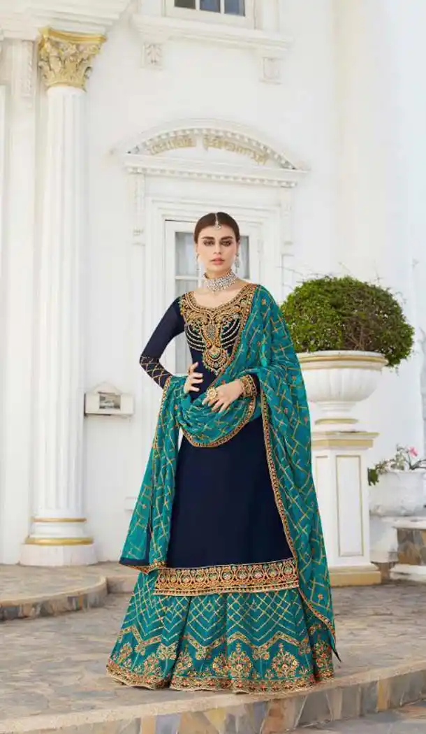 Navy Blue Color Georgette Designer Party Wear Lehenga Suit -468765793