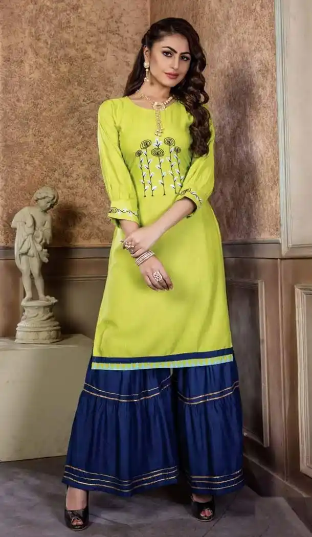 Yellow Color Rayon Party Wear Readymade Kurti With Palazzo -470165906