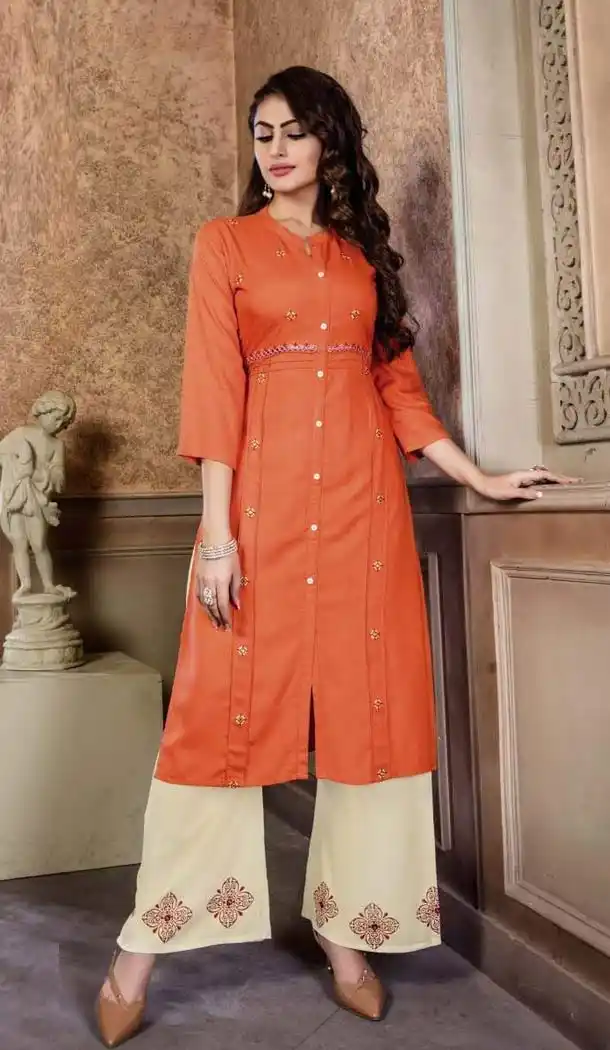 Orange Color Rayon Party Wear Readymade Kurti With Palazzo -470165907
