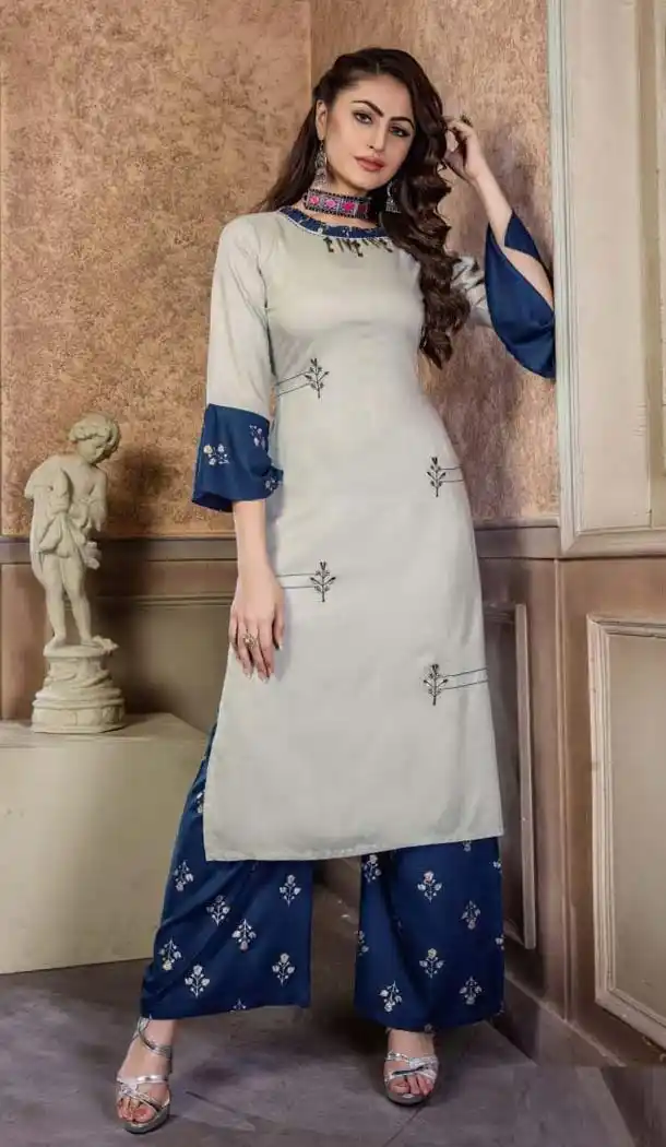 Light Grey Color Rayon Party Wear Readymade Kurti With Palazzo -470165908