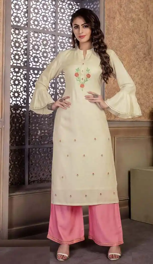 Off White Color Rayon Party Wear Readymade Kurti With Palazzo -470165910