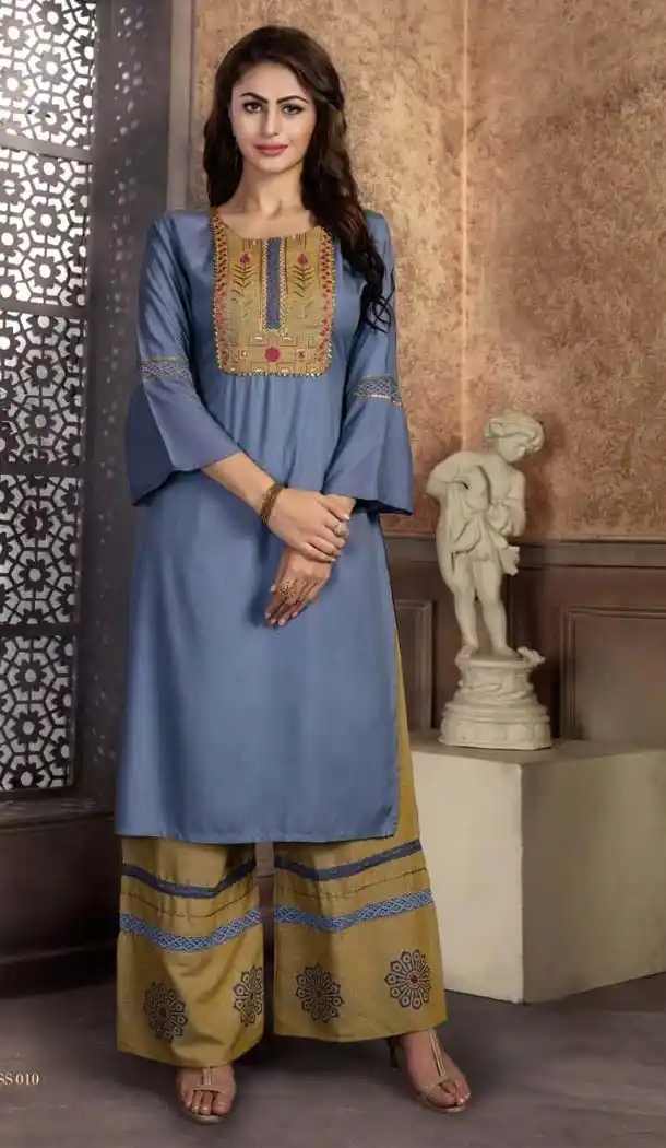 Ethnic Grey Color Rayon Party Wear Readymade Kurti With Palazzo -470165912