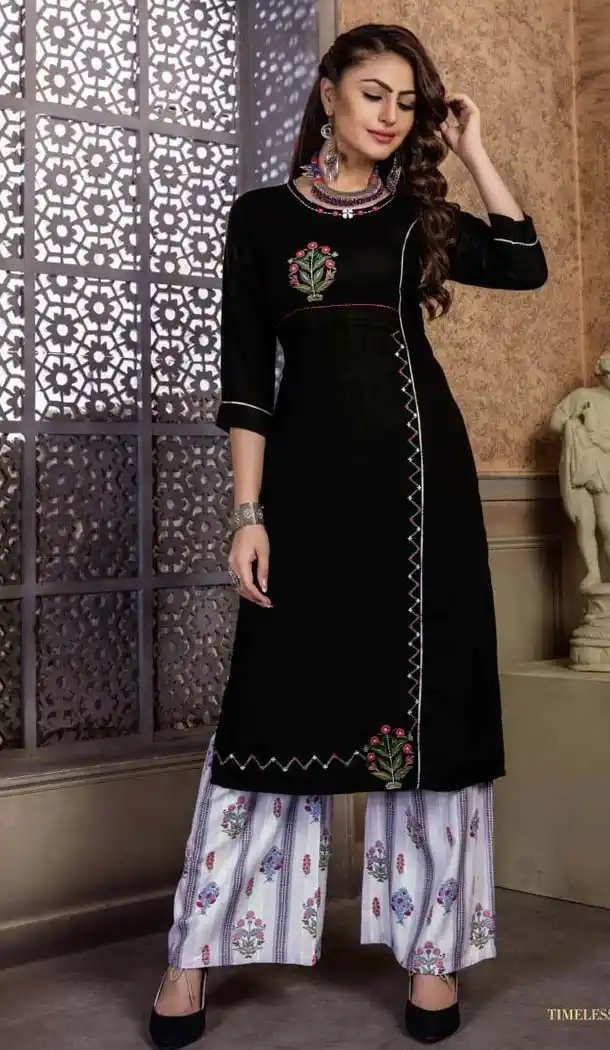 Black Color Rayon Party Wear Readymade Kurti With Palazzo -470165913