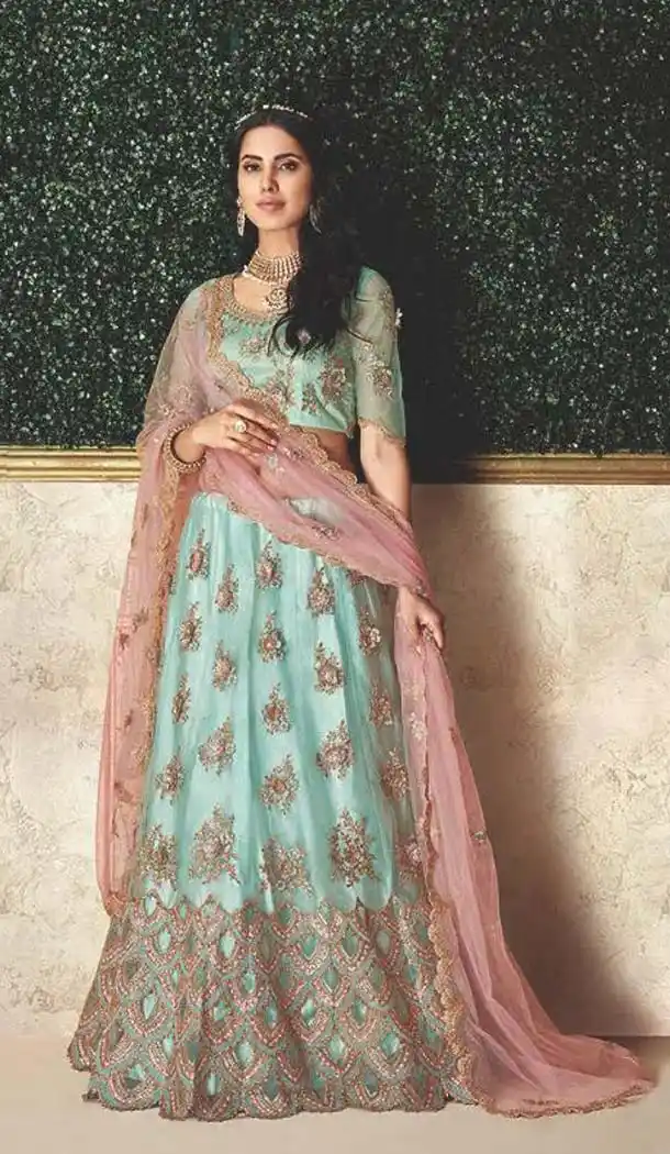 Sky Blue Color Taffeta Silk Designer Fancy Lehenga Choli -470265928