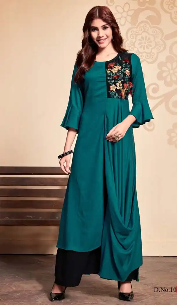 Classy Sea Green Color Rayon Designer Readymade Long Kurti -653781691