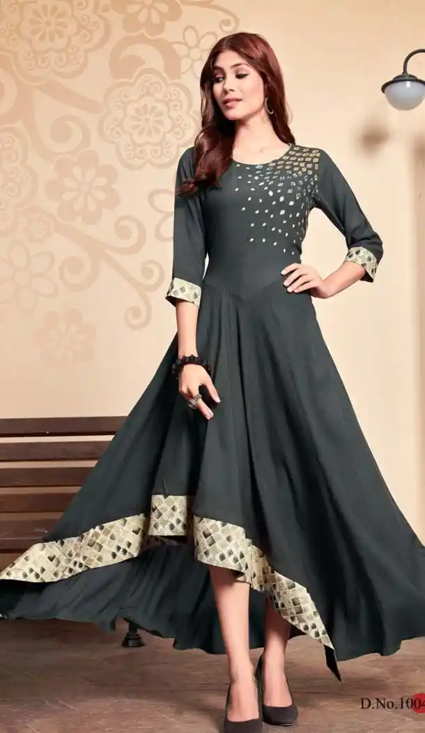 Exquisite Grey Color Rayon Designer Readymade Long Kurti -653781693