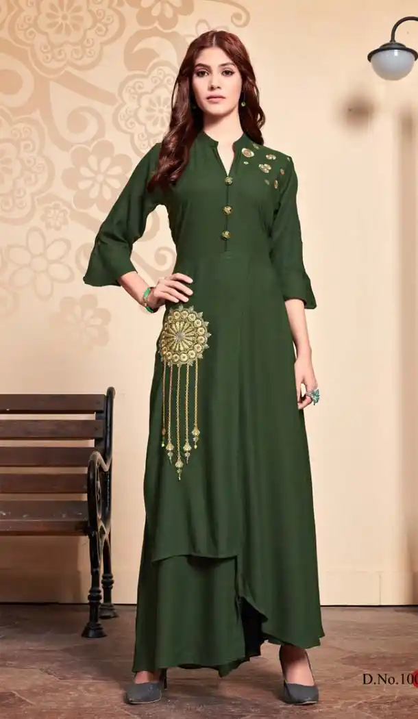 Captivating Green Color Rayon Designer Readymade Long Kurti -653781694