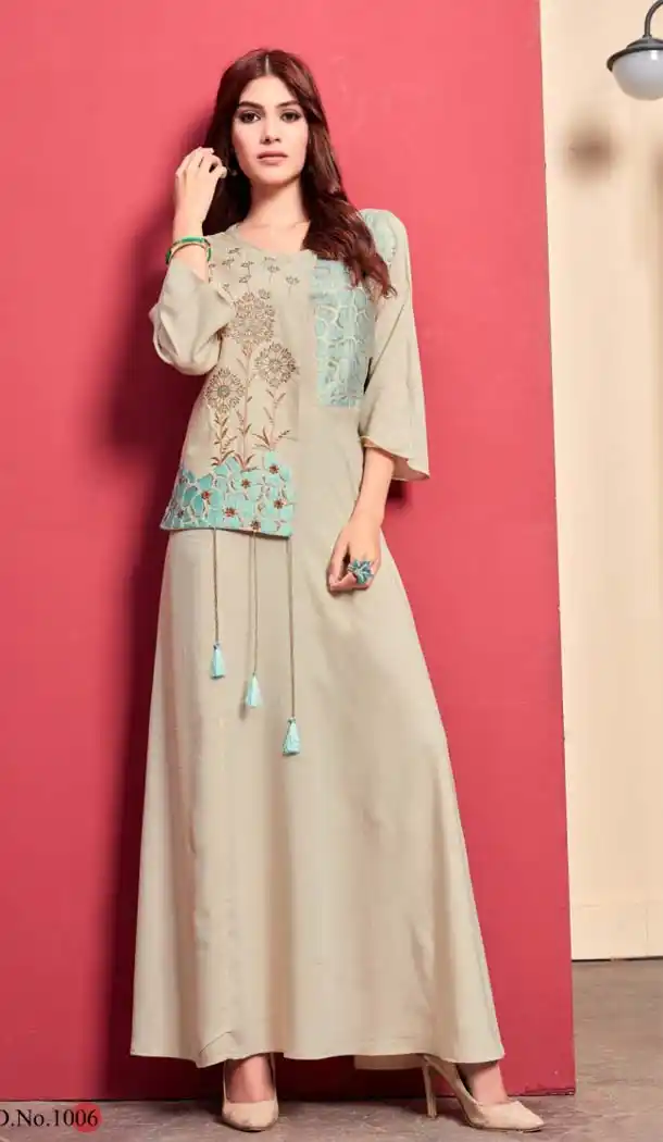 Exquisite Beige Color Rayon Designer Readymade Long Kurti -653781695