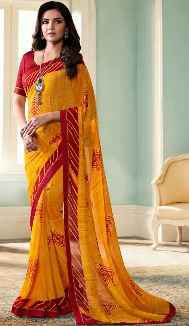 Ethnic Yellow Color Georgette Casual Wear Printed Crepe Saree -653581681