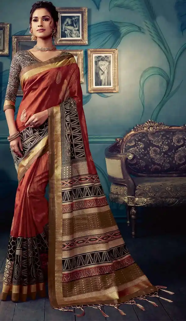 Brown Color Cotton Silk Casual Wear Printed Silk Saree -653881696