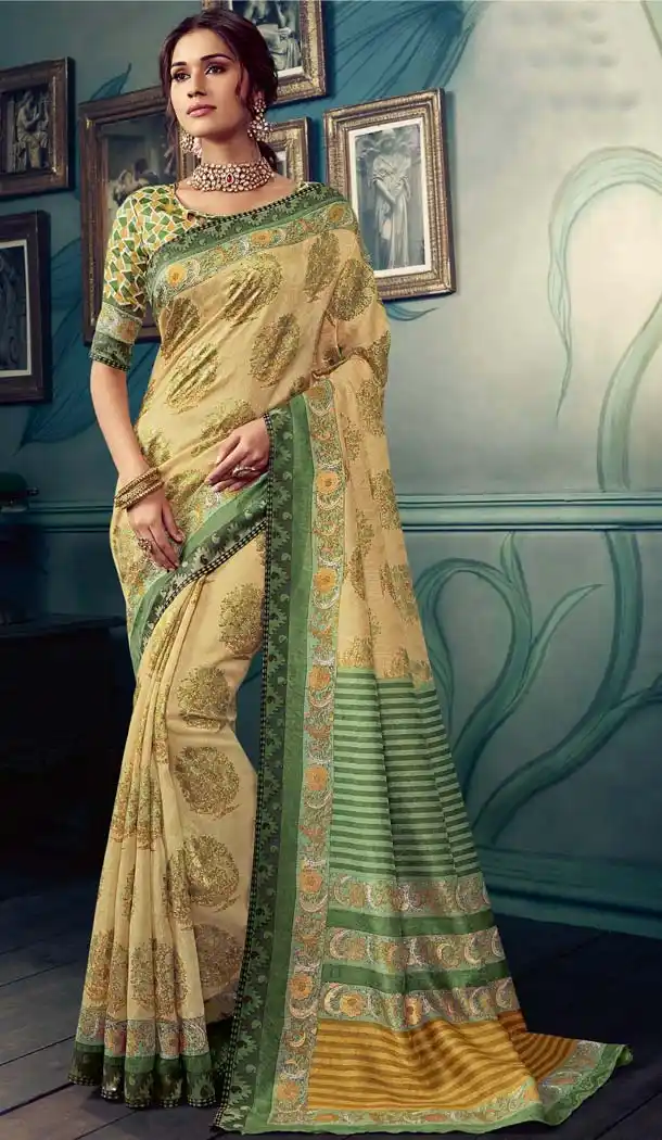 Beige Color Cotton Silk Casual Wear Printed Silk Saree -653881697