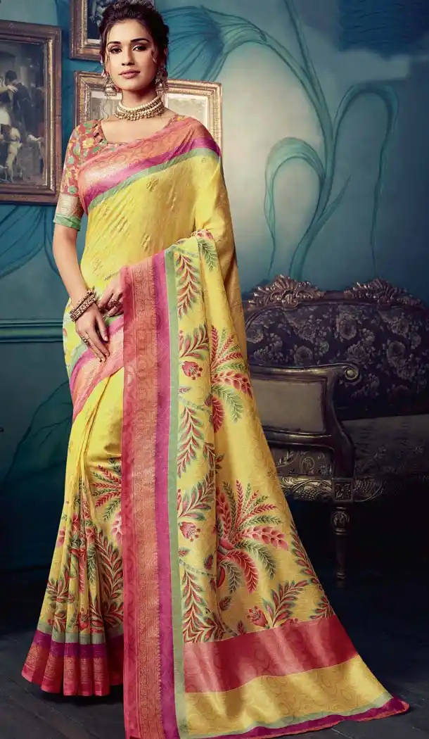 Scintillating Yellow Color Cotton Silk Casual Wear Printed Silk Saree -653881709