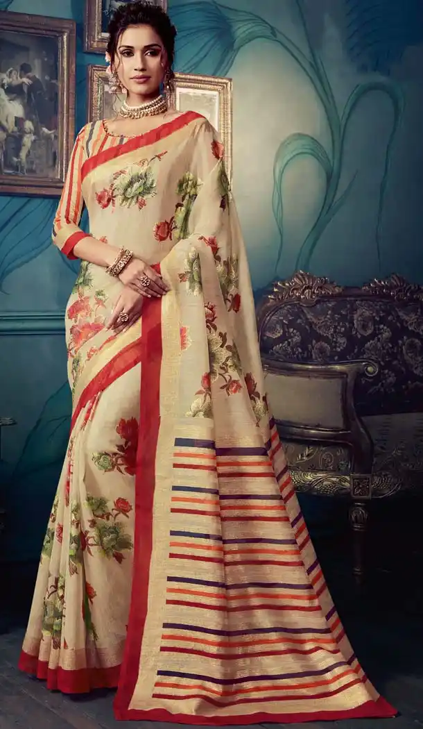 Majesty Beige Color Cotton Silk Casual Wear Printed Silk Saree -653881711